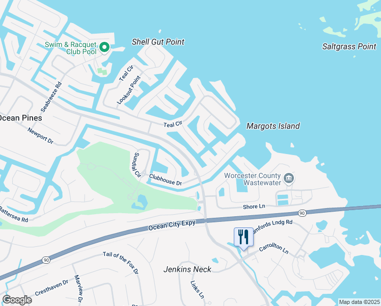 map of restaurants, bars, coffee shops, grocery stores, and more near 411 Ocean Parkway in Ocean Pines
