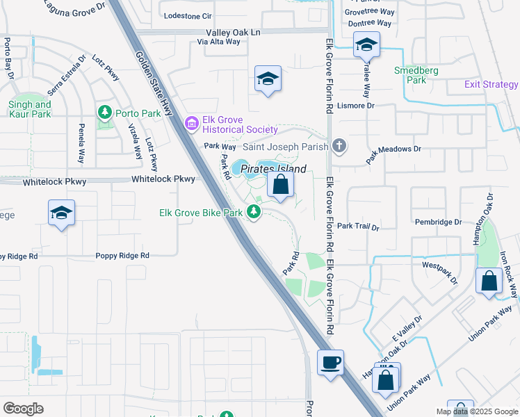 map of restaurants, bars, coffee shops, grocery stores, and more near Park Road in Elk Grove