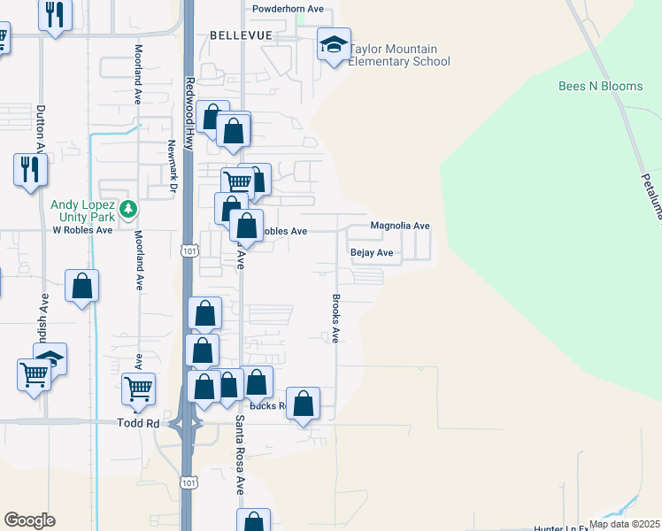 map of restaurants, bars, coffee shops, grocery stores, and more near 3460 Brooks Avenue in Santa Rosa