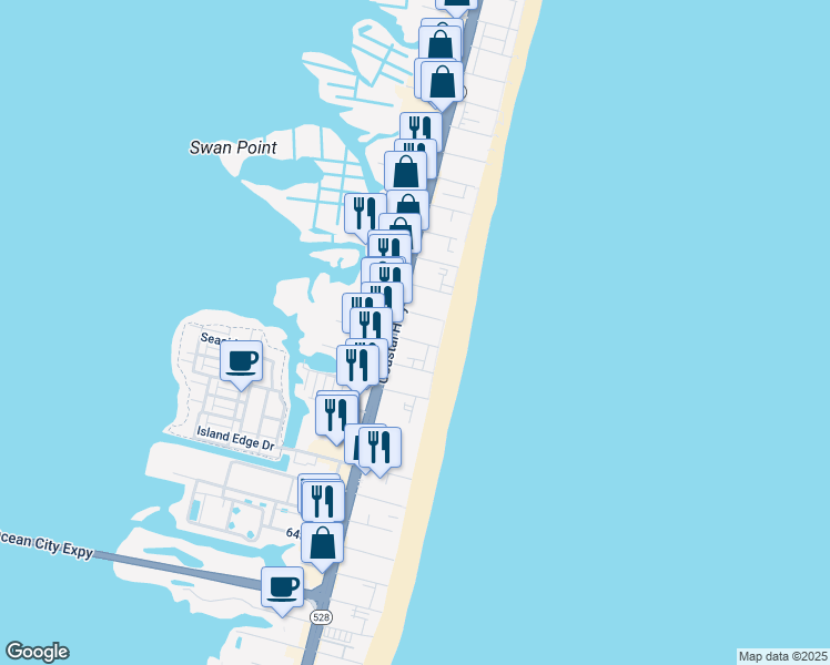 map of restaurants, bars, coffee shops, grocery stores, and more near 17 72nd Street in Ocean City