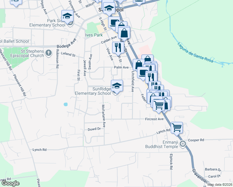 map of restaurants, bars, coffee shops, grocery stores, and more near 7285 Hayden Avenue in Sebastopol