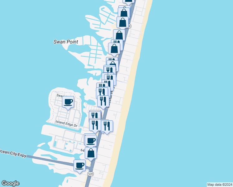 map of restaurants, bars, coffee shops, grocery stores, and more near 12 72nd Street in Ocean City