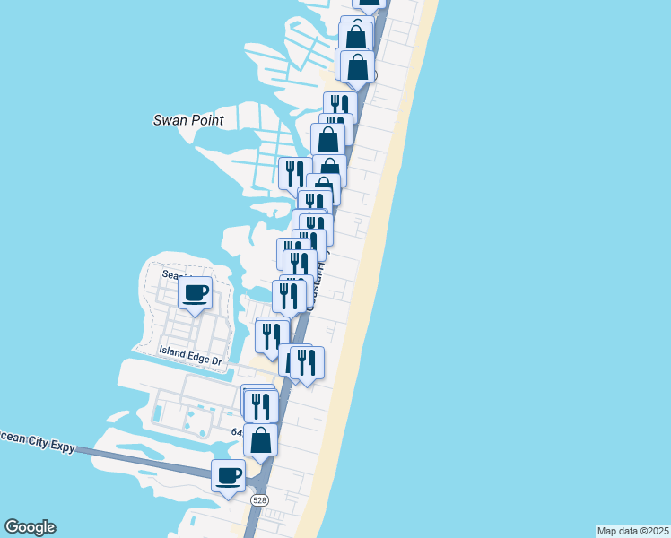 map of restaurants, bars, coffee shops, grocery stores, and more near 12 72nd Street in Ocean City