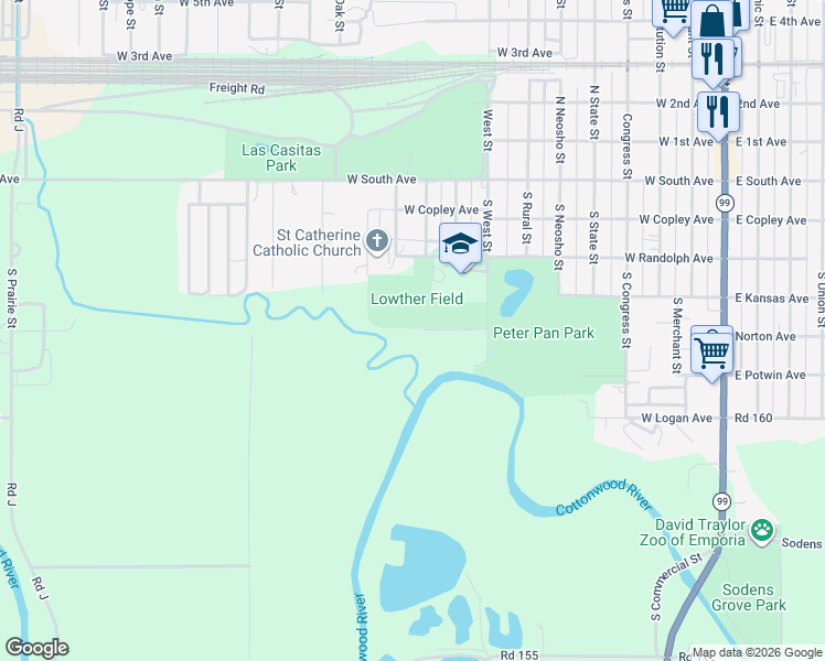 map of restaurants, bars, coffee shops, grocery stores, and more near 519 South West Street in Emporia