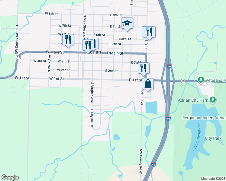 map of restaurants, bars, coffee shops, grocery stores, and more near 305 South Houston Street in Adrian