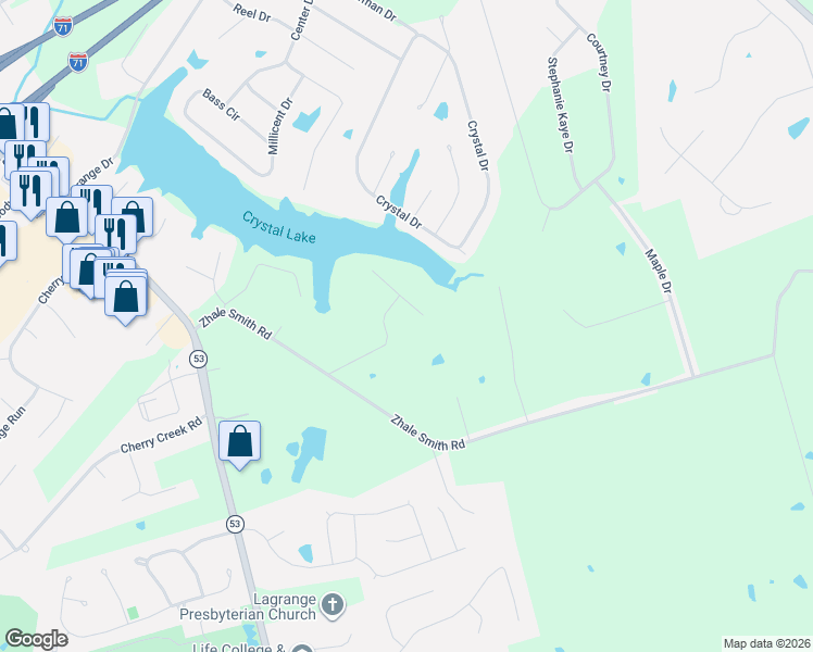 map of restaurants, bars, coffee shops, grocery stores, and more near 2034 Crystal Cove in La Grange