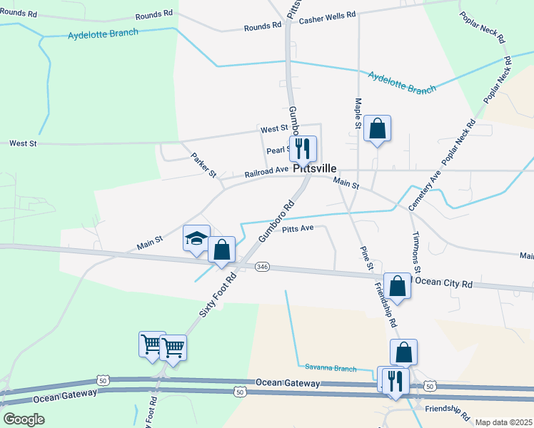 map of restaurants, bars, coffee shops, grocery stores, and more near 7380 Gumboro Road in Pittsville