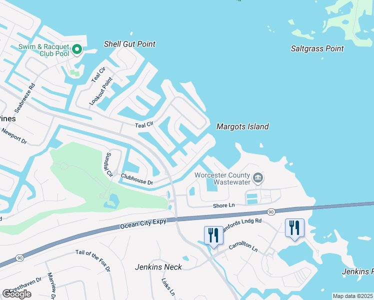 map of restaurants, bars, coffee shops, grocery stores, and more near 5 Laport Court in Ocean Pines