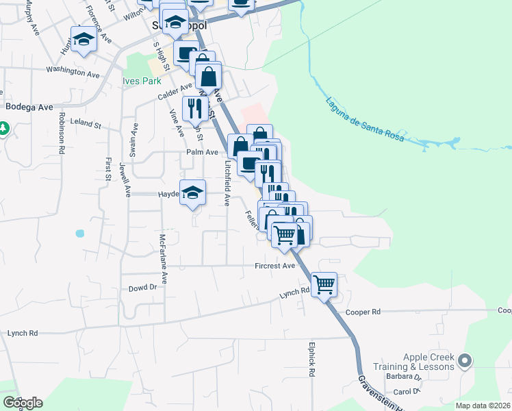map of restaurants, bars, coffee shops, grocery stores, and more near 847 Gravenstein Highway South in Sebastopol