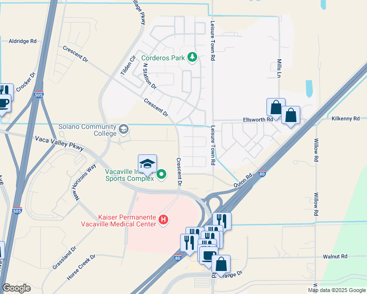 map of restaurants, bars, coffee shops, grocery stores, and more near 430 Lani Court in Vacaville