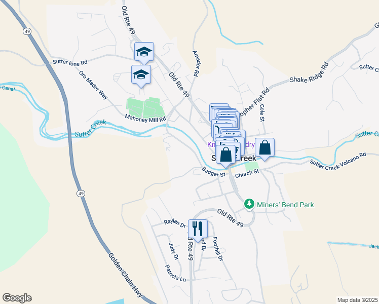 map of restaurants, bars, coffee shops, grocery stores, and more near 81 Spanish Street in Sutter Creek