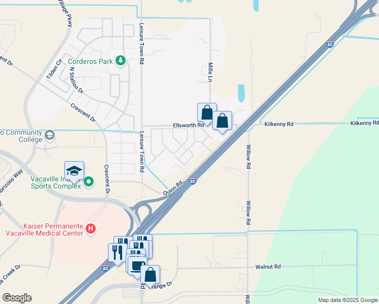 map of restaurants, bars, coffee shops, grocery stores, and more near 5085 Quinn Road in Vacaville