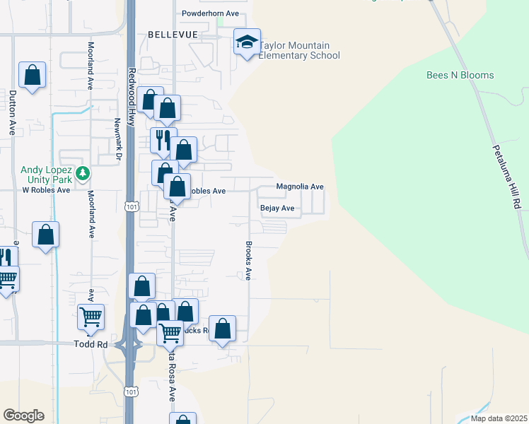 map of restaurants, bars, coffee shops, grocery stores, and more near 437 Bejay Avenue in Santa Rosa