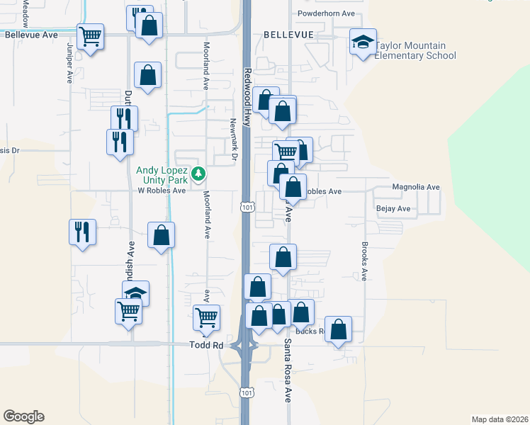 map of restaurants, bars, coffee shops, grocery stores, and more near 42 A Street in Santa Rosa