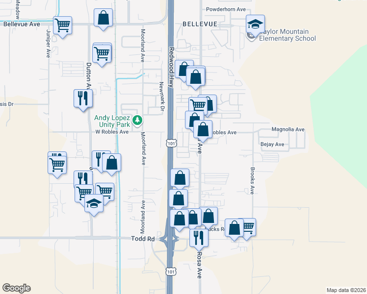 map of restaurants, bars, coffee shops, grocery stores, and more near 42 A Street in Santa Rosa