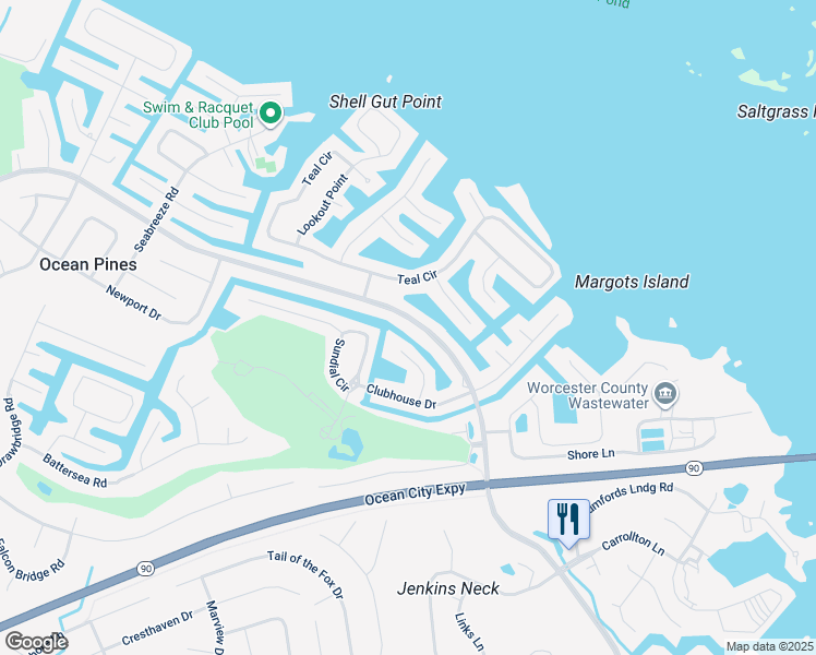 map of restaurants, bars, coffee shops, grocery stores, and more near 386 Ocean Parkway in Ocean Pines
