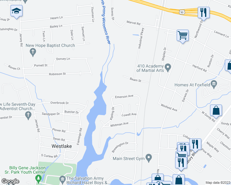 map of restaurants, bars, coffee shops, grocery stores, and more near 1821 Emerson Avenue in Salisbury