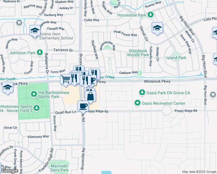 map of restaurants, bars, coffee shops, grocery stores, and more near 7645 Chappelle Way in Elk Grove