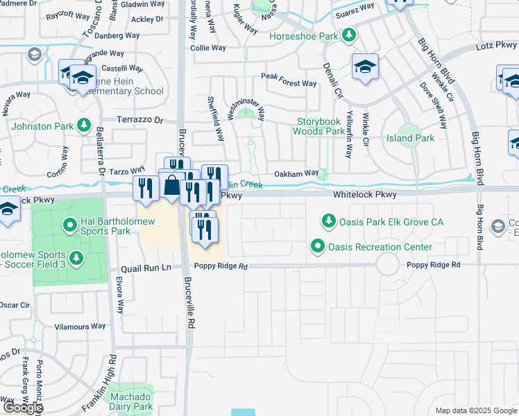 map of restaurants, bars, coffee shops, grocery stores, and more near 7645 Chappelle Way in Elk Grove
