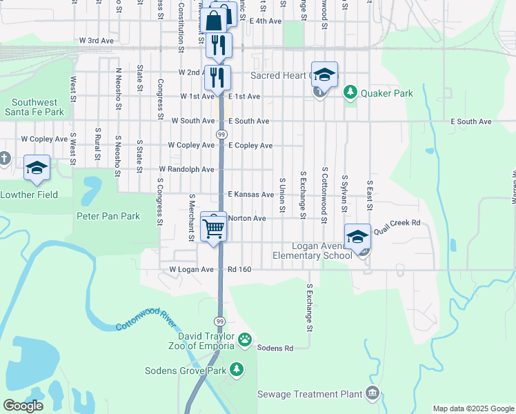 map of restaurants, bars, coffee shops, grocery stores, and more near 315 South Market Street in Emporia
