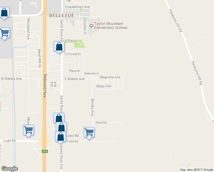 map of restaurants, bars, coffee shops, grocery stores, and more near 437 Bejay Avenue in Santa Rosa