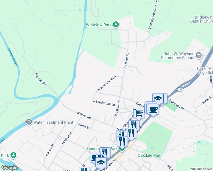 map of restaurants, bars, coffee shops, grocery stores, and more near 322 North SandStone Lane in Bridgewater