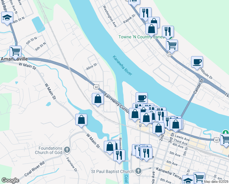map of restaurants, bars, coffee shops, grocery stores, and more near 499 Riverside Drive in Saint Albans