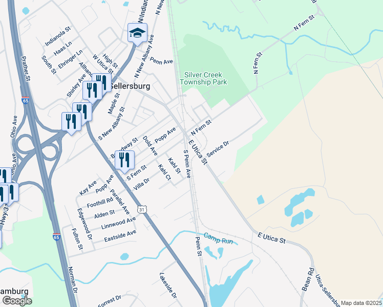 map of restaurants, bars, coffee shops, grocery stores, and more near 835 East Utica Street in Sellersburg