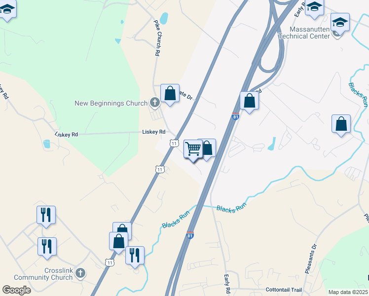map of restaurants, bars, coffee shops, grocery stores, and more near 40 Carpenter Lane in Harrisonburg