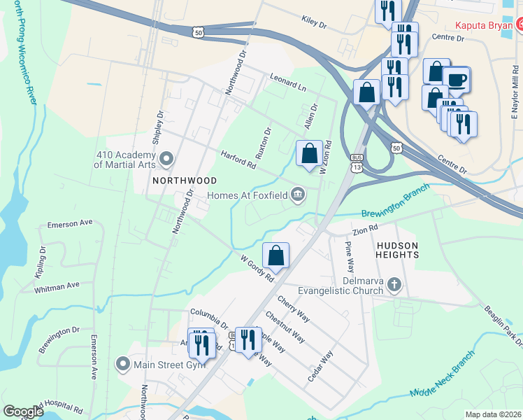 map of restaurants, bars, coffee shops, grocery stores, and more near 100 Foxfield Circle in Salisbury