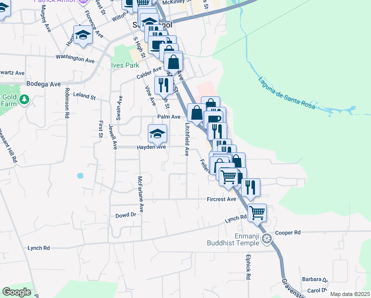 map of restaurants, bars, coffee shops, grocery stores, and more near 806 Litchfield Avenue in Sebastopol