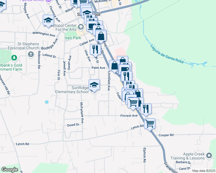 map of restaurants, bars, coffee shops, grocery stores, and more near 814 Litchfield Avenue in Sebastopol