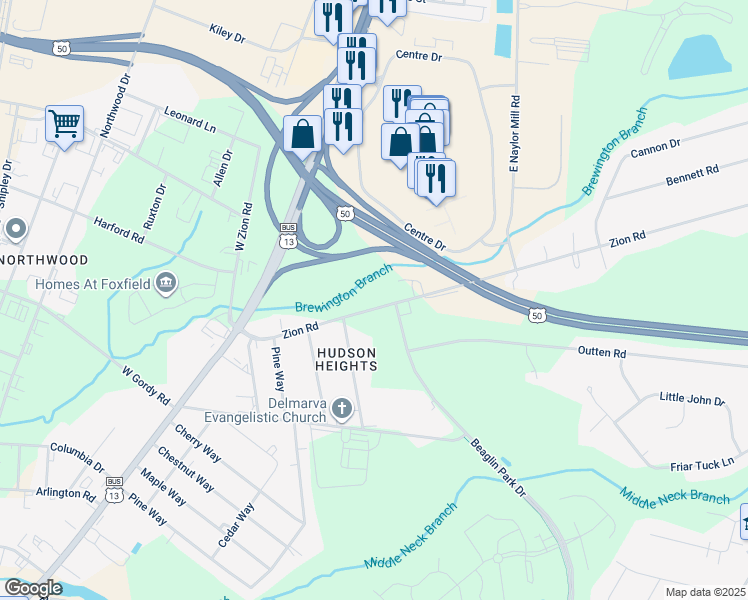 map of restaurants, bars, coffee shops, grocery stores, and more near 513 Zion Road in Salisbury