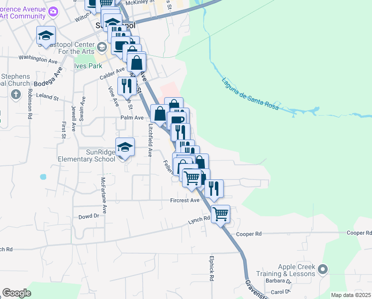 map of restaurants, bars, coffee shops, grocery stores, and more near 846 Gravenstein Highway South in Sebastopol