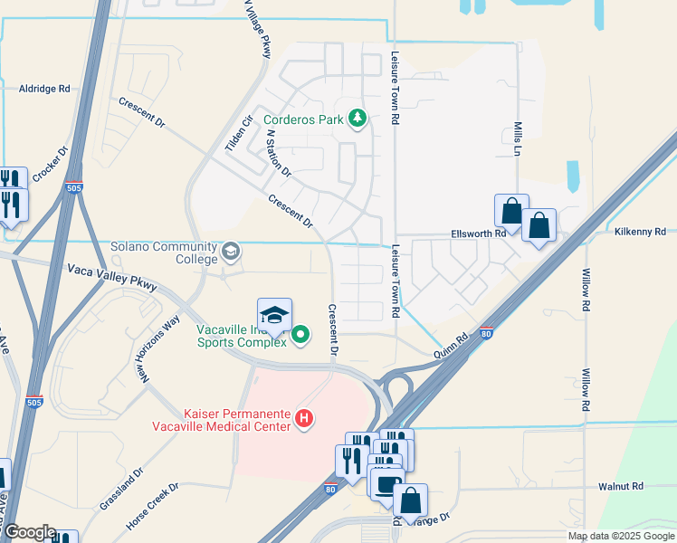 map of restaurants, bars, coffee shops, grocery stores, and more near 430 Lani Court in Vacaville