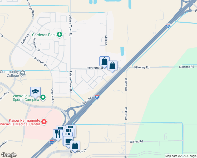 map of restaurants, bars, coffee shops, grocery stores, and more near 5085 Quinn Road in Vacaville