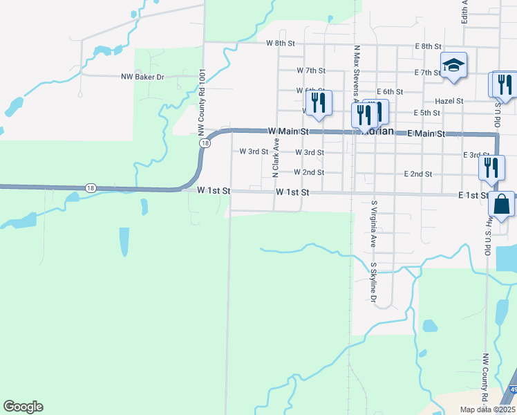 map of restaurants, bars, coffee shops, grocery stores, and more near 310 Waggoner Street in Adrian