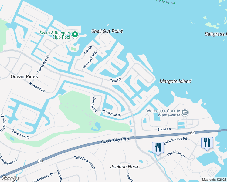 map of restaurants, bars, coffee shops, grocery stores, and more near 386 Ocean Parkway in Ocean Pines