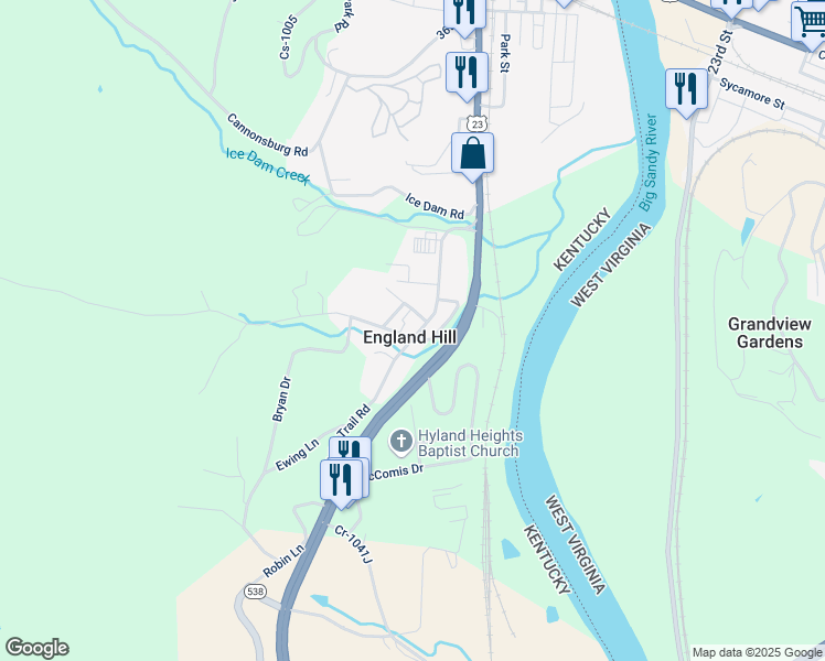 map of restaurants, bars, coffee shops, grocery stores, and more near 10203 Mayo Trail Road in Catlettsburg