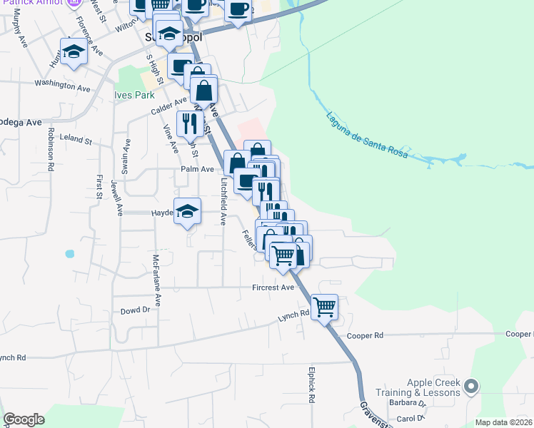 map of restaurants, bars, coffee shops, grocery stores, and more near 847 Gravenstein Highway South in Sebastopol