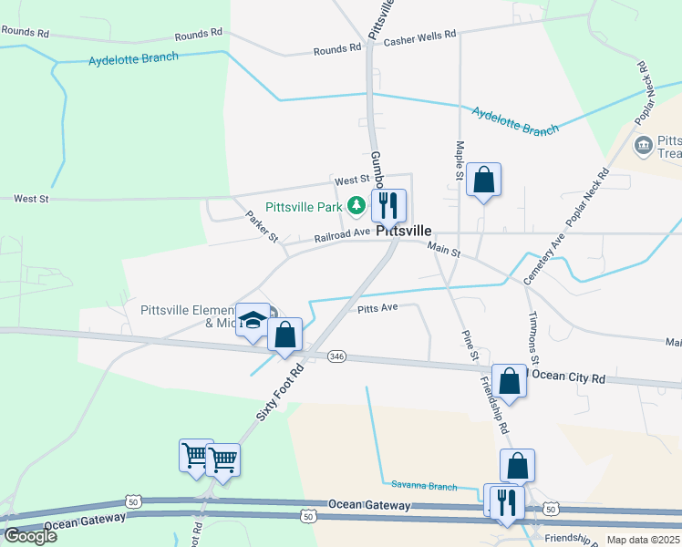 map of restaurants, bars, coffee shops, grocery stores, and more near 7380 Gumboro Road in Pittsville