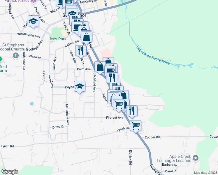 map of restaurants, bars, coffee shops, grocery stores, and more near 846 Gravenstein Highway South in Sebastopol
