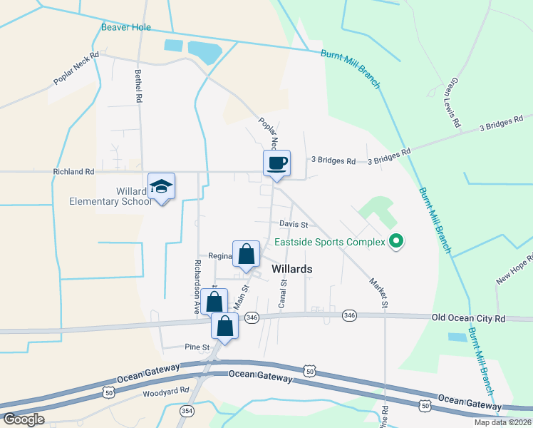 map of restaurants, bars, coffee shops, grocery stores, and more near 7745 Main Street in Willards