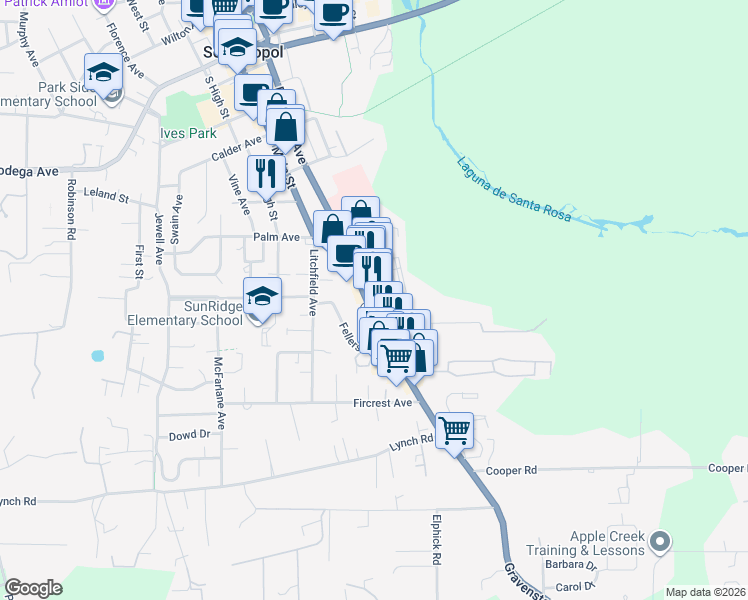 map of restaurants, bars, coffee shops, grocery stores, and more near 847 Gravenstein Highway South in Sebastopol