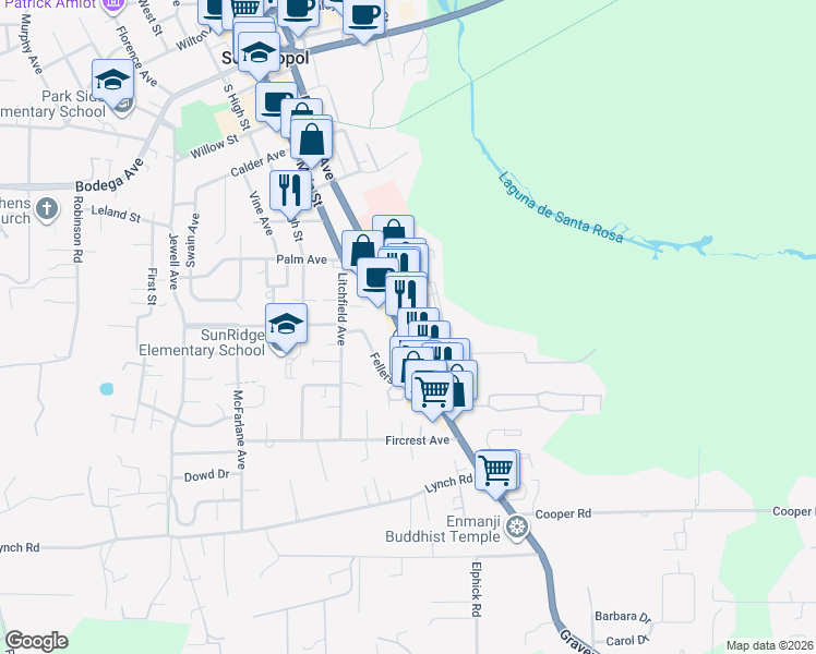 map of restaurants, bars, coffee shops, grocery stores, and more near 847 Gravenstein Highway South in Sebastopol