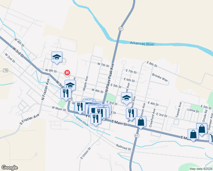 map of restaurants, bars, coffee shops, grocery stores, and more near 421 Colorado 67 in Florence