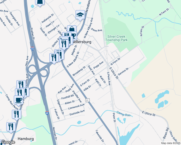 map of restaurants, bars, coffee shops, grocery stores, and more near 309 Popp Avenue in Sellersburg
