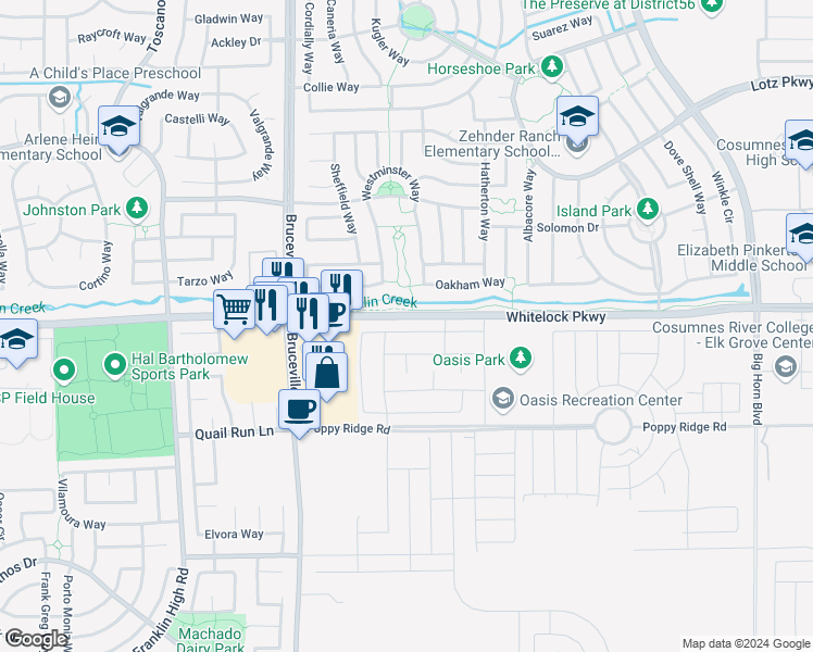 map of restaurants, bars, coffee shops, grocery stores, and more near 7645 Chappelle Way in Elk Grove
