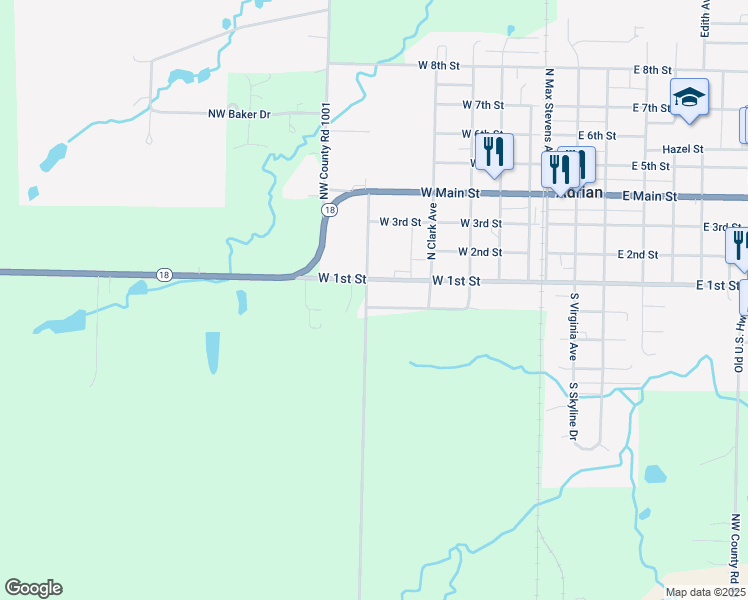 map of restaurants, bars, coffee shops, grocery stores, and more near 105 South Manor Drive in Adrian