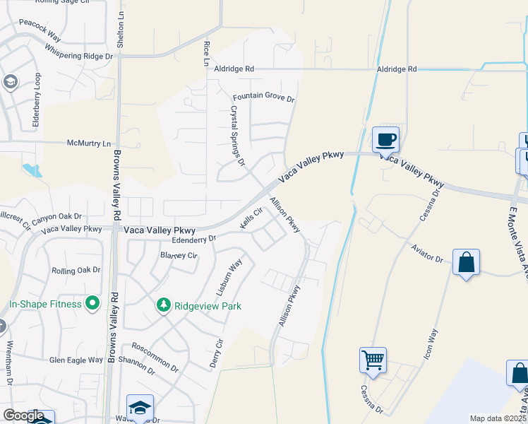 map of restaurants, bars, coffee shops, grocery stores, and more near 836 Kells Circle in Vacaville